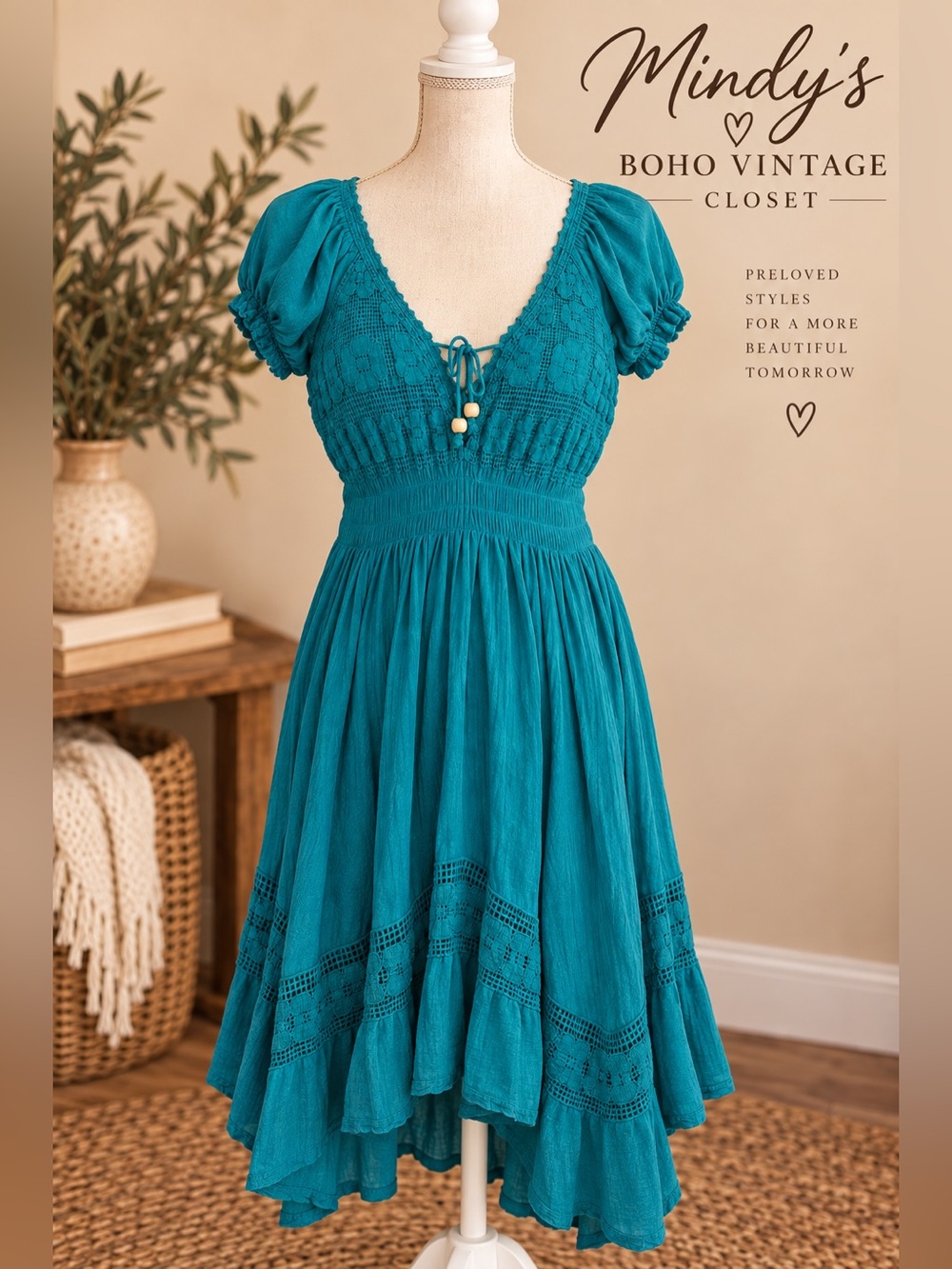 Teal Crochet Bodice Dress